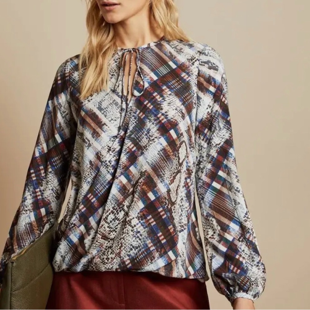 Ted Baker Woven Snake-Plaid Mix Print Blouse - Brown/Blue
